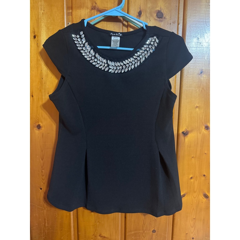 Fig & Blu Black Jewel Neck Cap Sleeve Blouse PM 12838P